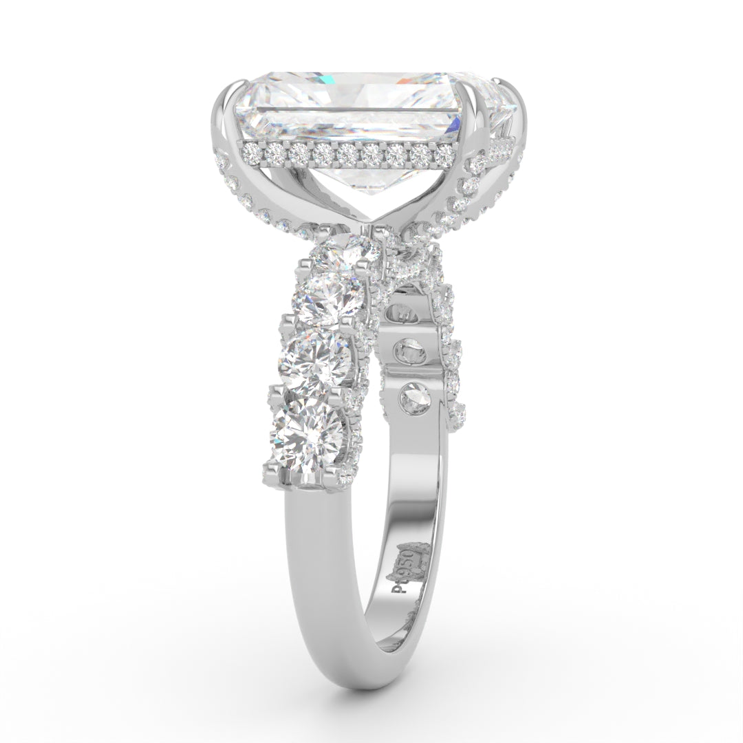 Juliette Radiant Lab-Grown Diamond Engagement Ring featuring a Half-Set Diamond Band, Hidden Halo, and Pavé U-Shaped Prong Setting