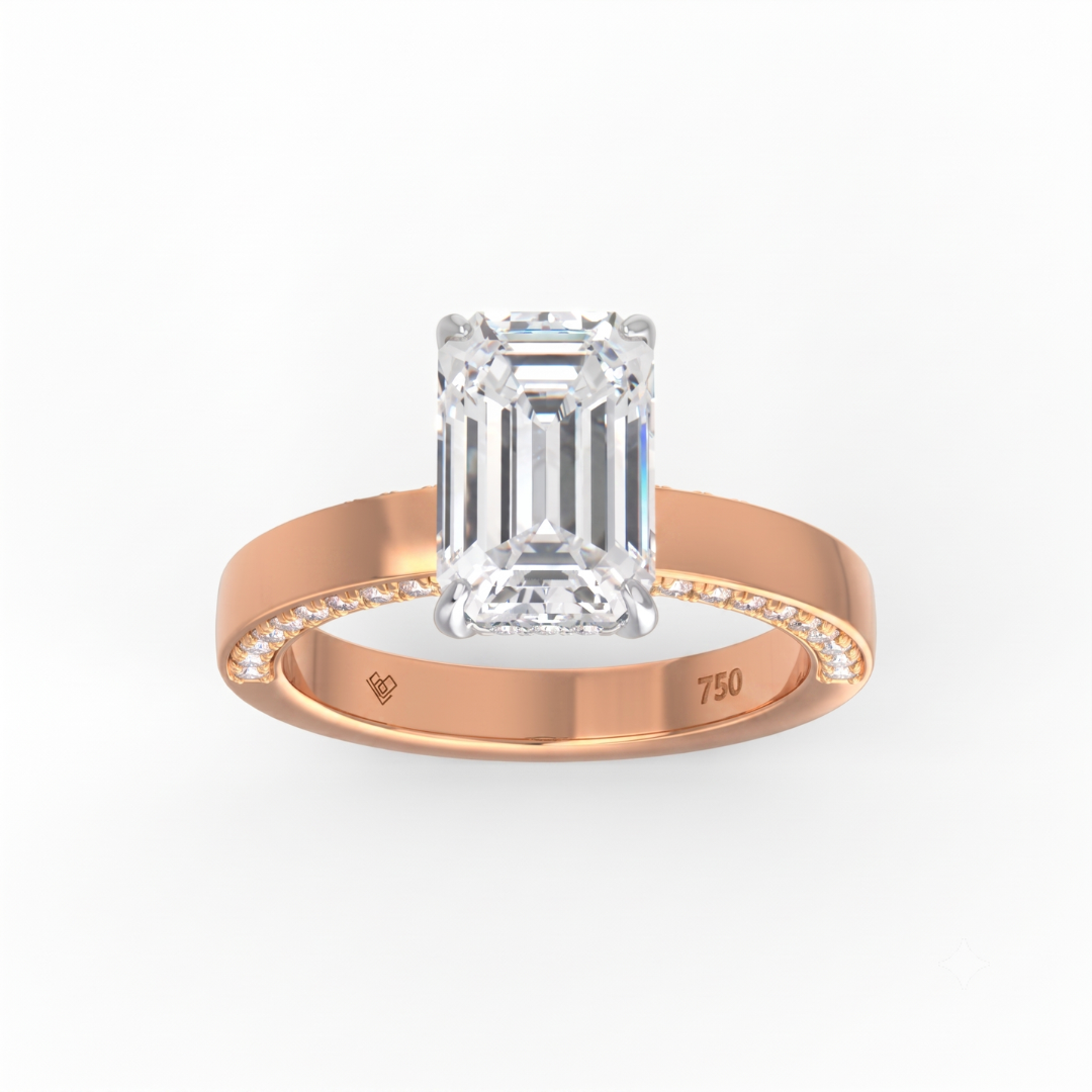 Celeste Emerald cut Lab Diamond with Cigar band and half set Diamond sides & hidden halo