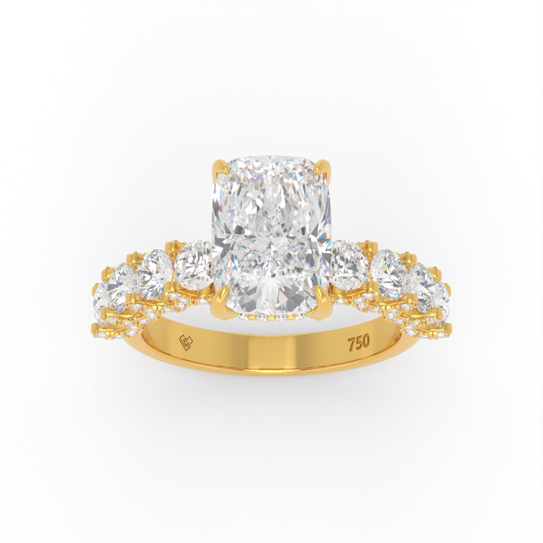 Juliette Cushion Lab-Grown Diamond Engagement Ring featuring a Half-Set Diamond Band, Hidden Halo, and Pavé U-Shaped Prong Setting