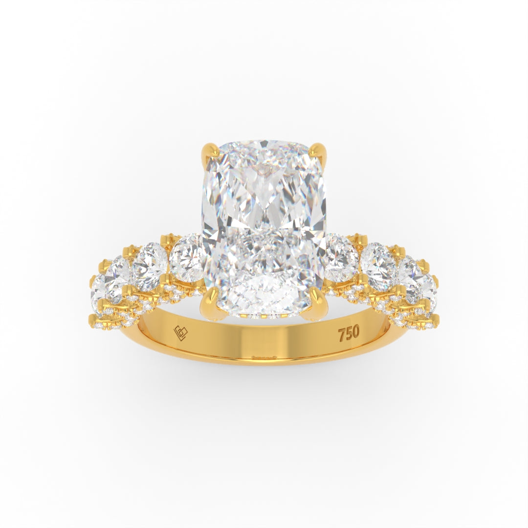 Juliette Cushion Lab-Grown Diamond Engagement Ring featuring a Half-Set Diamond Band, Hidden Halo, and Pavé U-Shaped Prong Setting