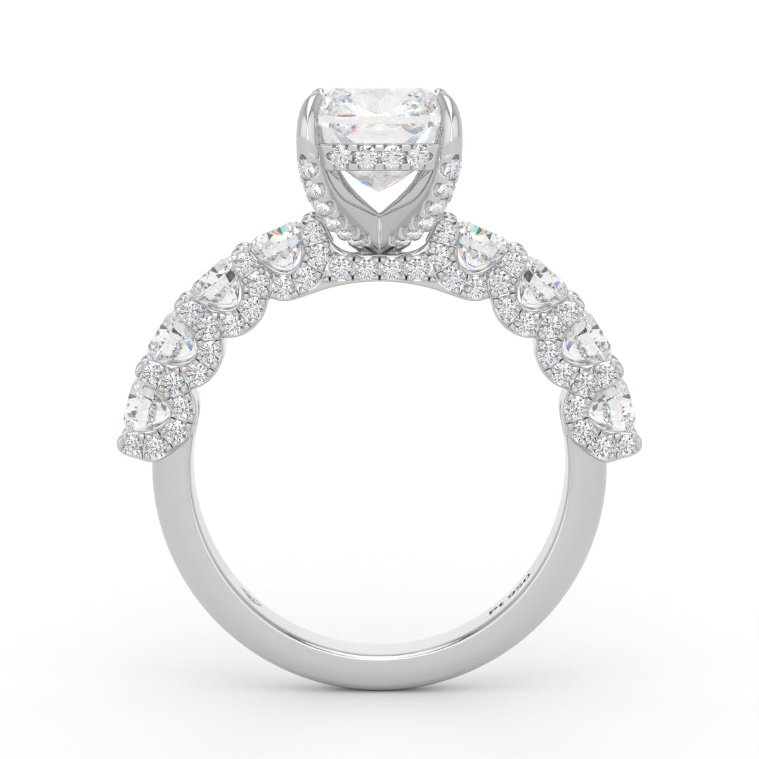 Juliette Cushion Lab-Grown Diamond Engagement Ring featuring a Half-Set Diamond Band, Hidden Halo, and Pavé U-Shaped Prong Setting