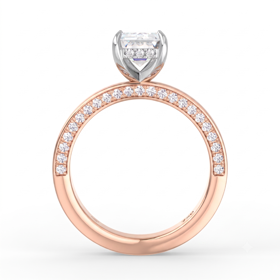 Celeste Emerald cut Lab Diamond with Cigar band and half set Diamond sides & hidden halo