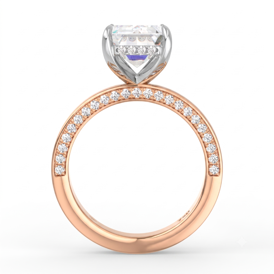 Celeste Emerald cut Lab Diamond with Cigar band and half set Diamond sides & hidden halo