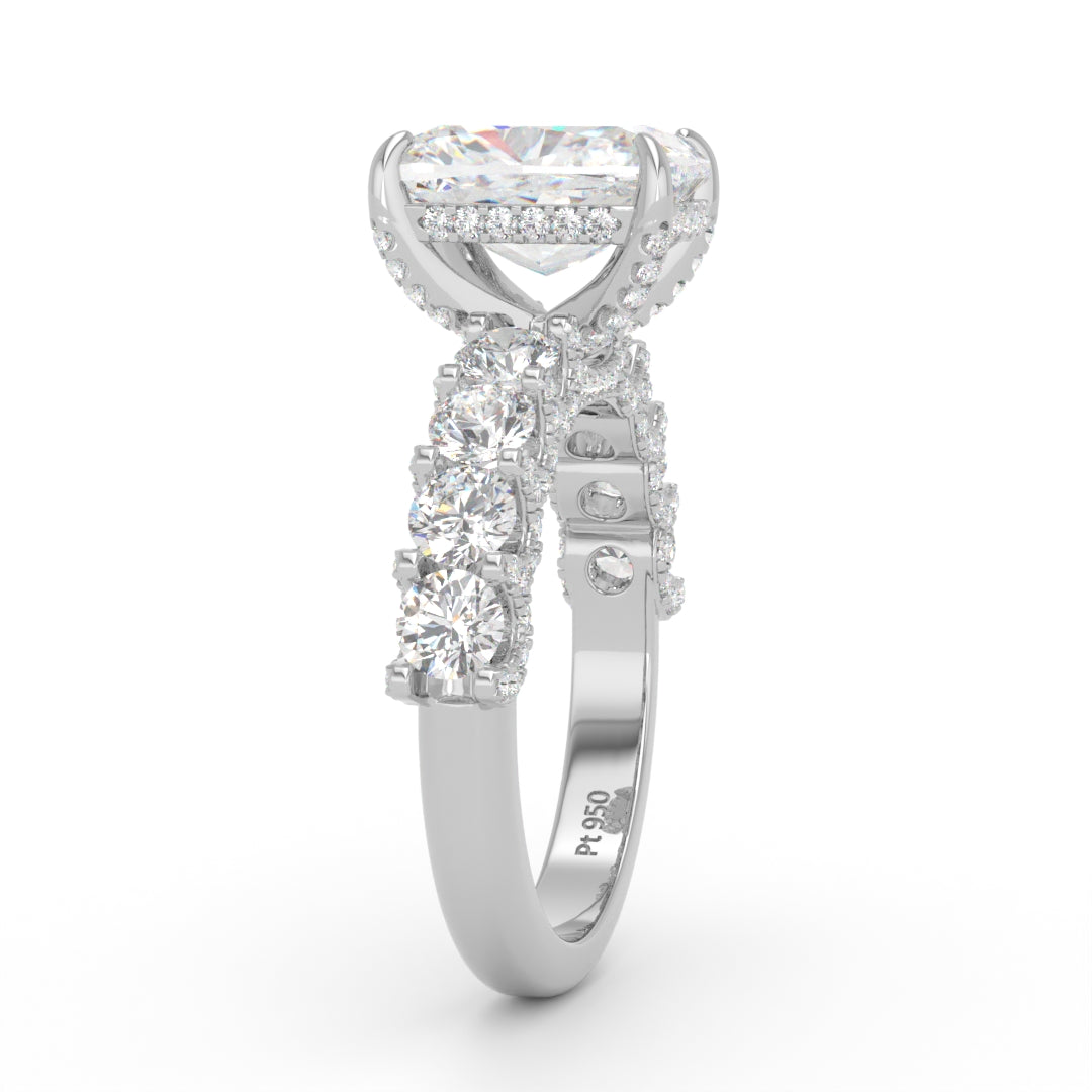Juliette Cushion Lab-Grown Diamond Engagement Ring featuring a Half-Set Diamond Band, Hidden Halo, and Pavé U-Shaped Prong Setting