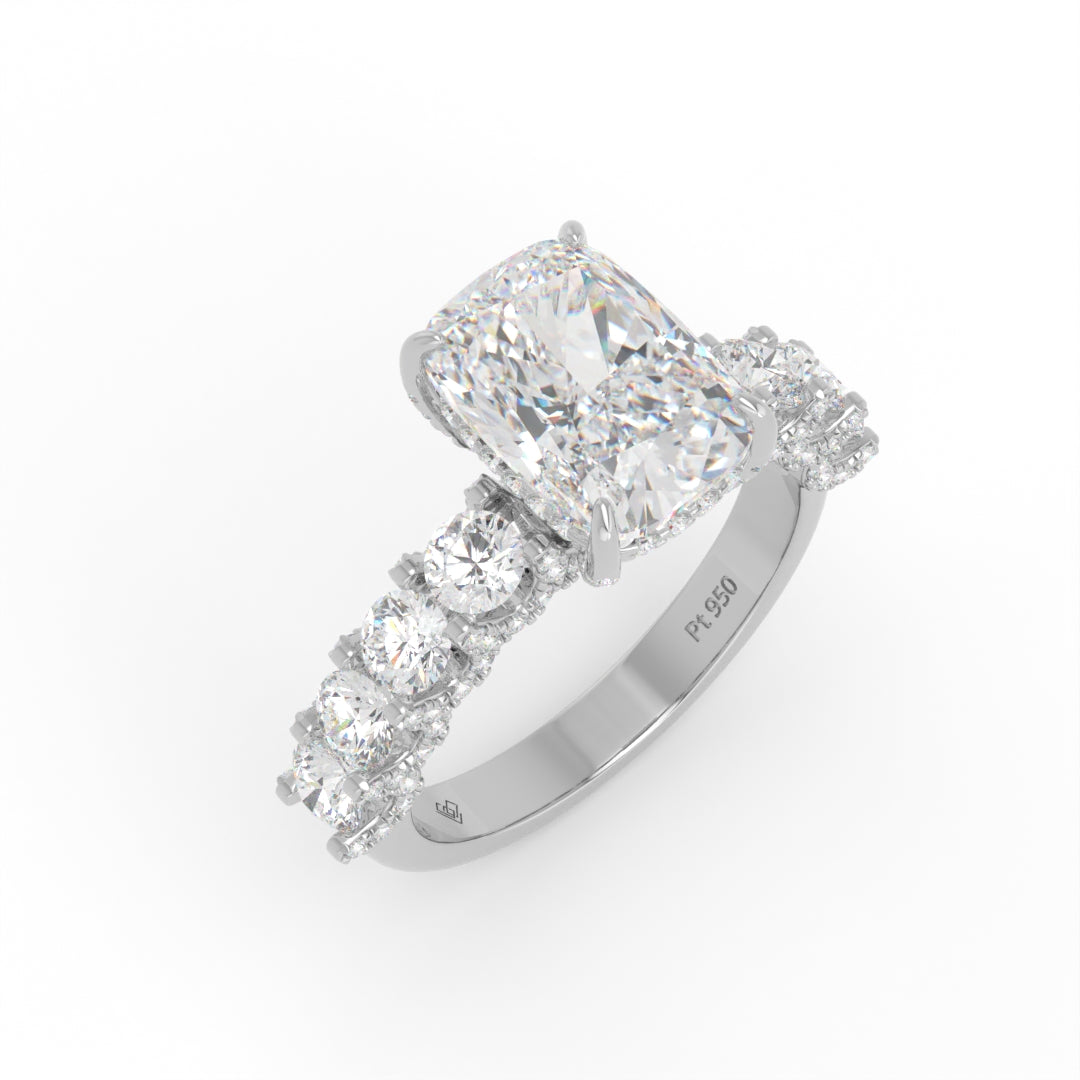 Juliette Cushion Lab-Grown Diamond Engagement Ring featuring a Half-Set Diamond Band, Hidden Halo, and Pavé U-Shaped Prong Setting
