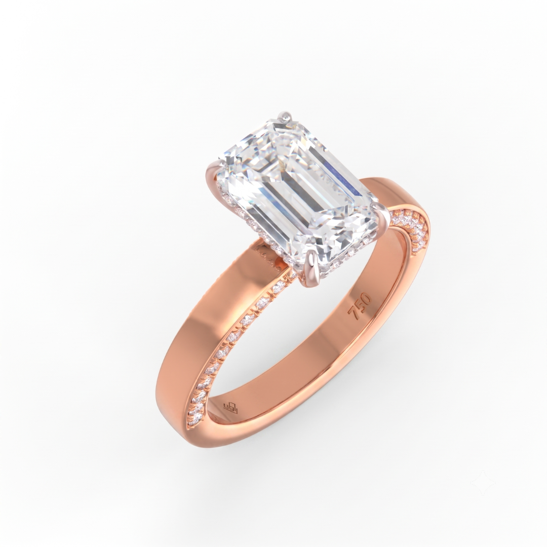Celeste Emerald cut Lab Diamond with Cigar band and half set Diamond sides & hidden halo