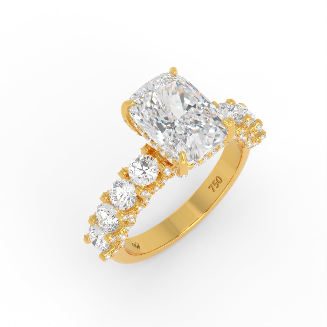 Juliette Cushion Lab-Grown Diamond Engagement Ring featuring a Half-Set Diamond Band, Hidden Halo, and Pavé U-Shaped Prong Setting