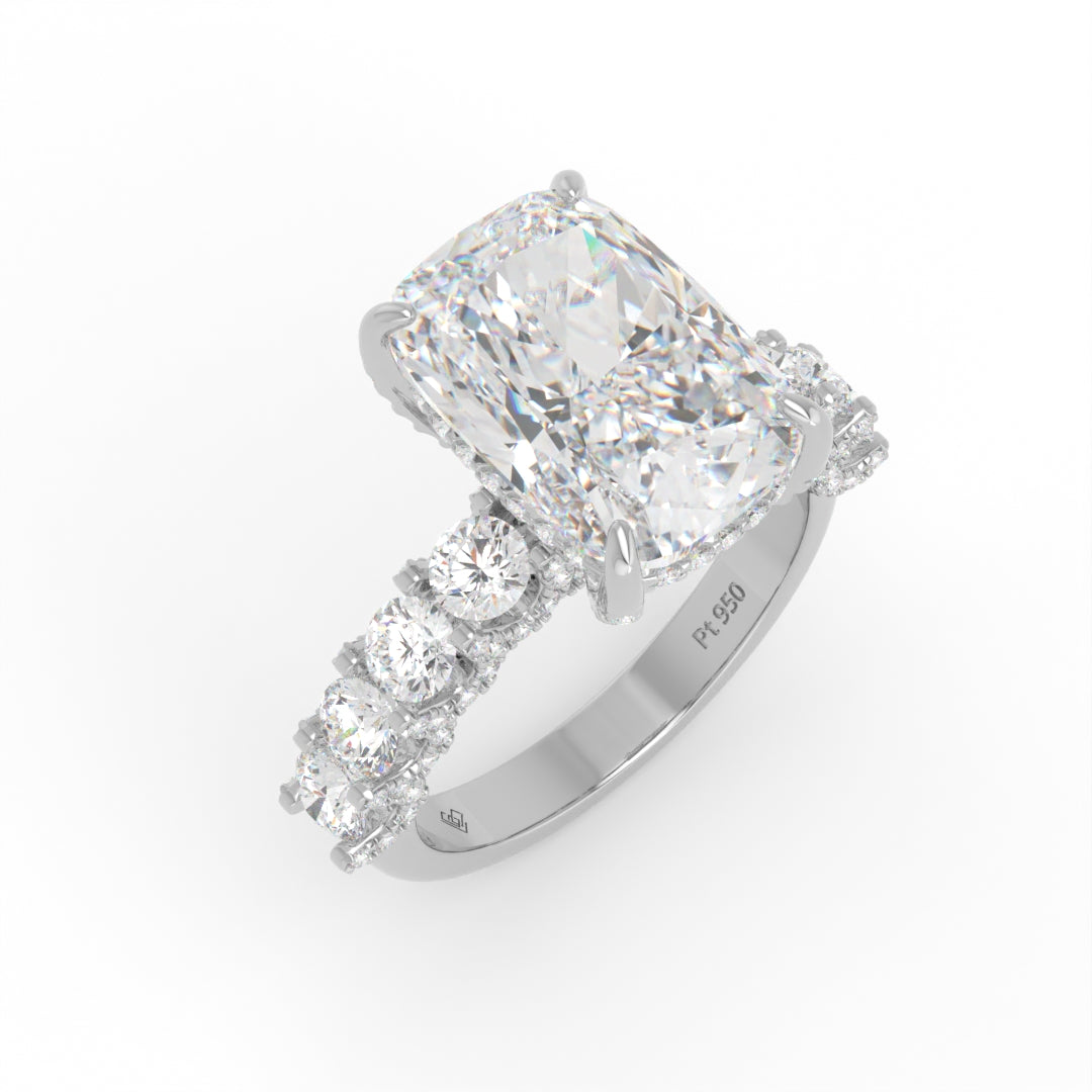 Juliette Cushion Lab-Grown Diamond Engagement Ring featuring a Half-Set Diamond Band, Hidden Halo, and Pavé U-Shaped Prong Setting