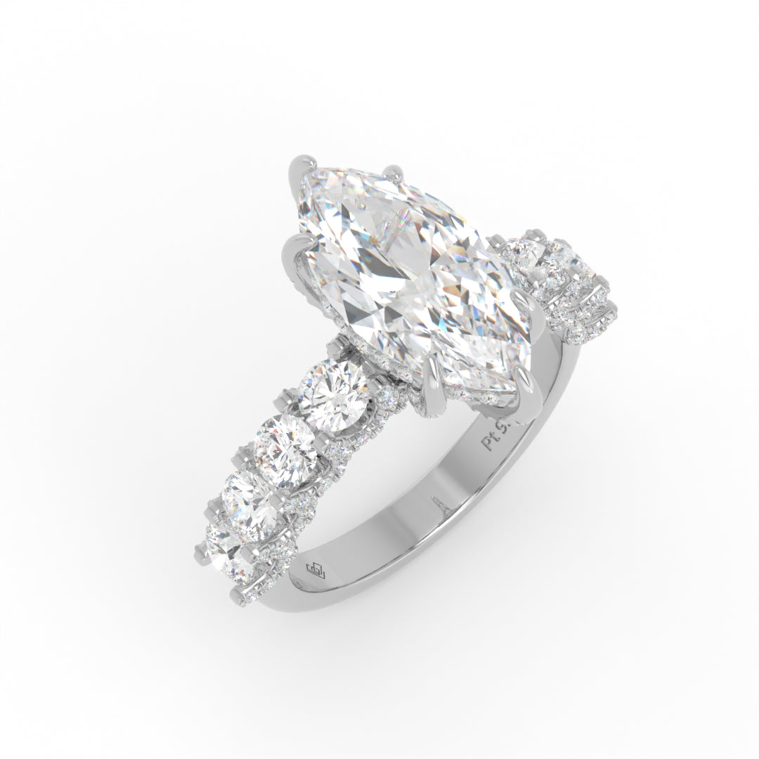Juliette Marquise Lab-Grown Diamond Engagement Ring featuring a Half-Set Diamond Band, Hidden Halo, and Pavé U-Shaped Prong Setting