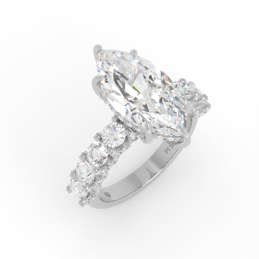 Juliette Marquise Lab-Grown Diamond Engagement Ring featuring a Half-Set Diamond Band, Hidden Halo, and Pavé U-Shaped Prong Setting