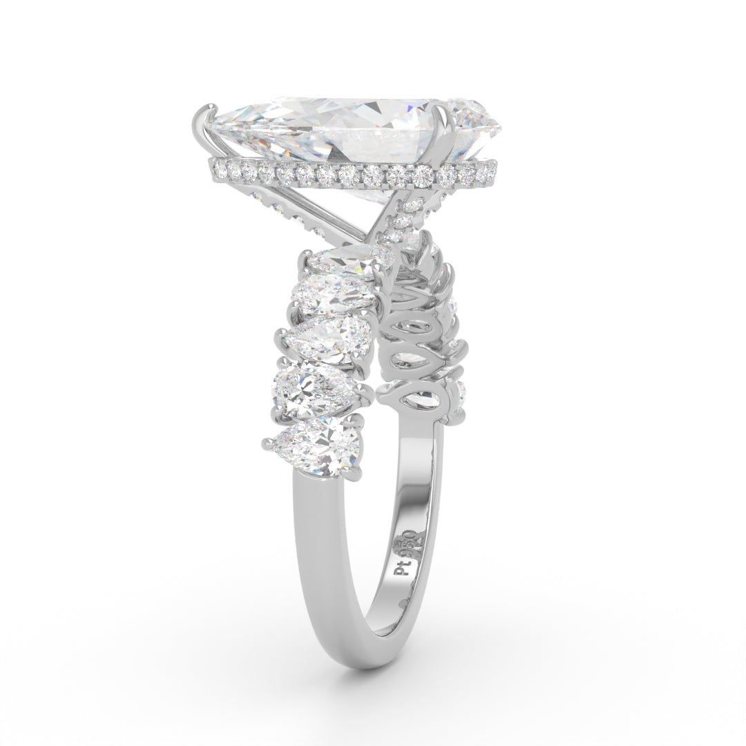 Vivien Pear Brilliant Cut Engagement Ring with Pear Brilliant Diamond Band and Wrap Around Hidden Halo