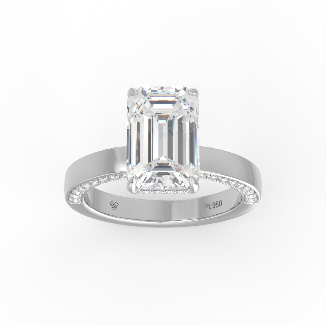 Celeste Emerald cut Lab Diamond with Cigar band and half set Diamond sides & hidden halo