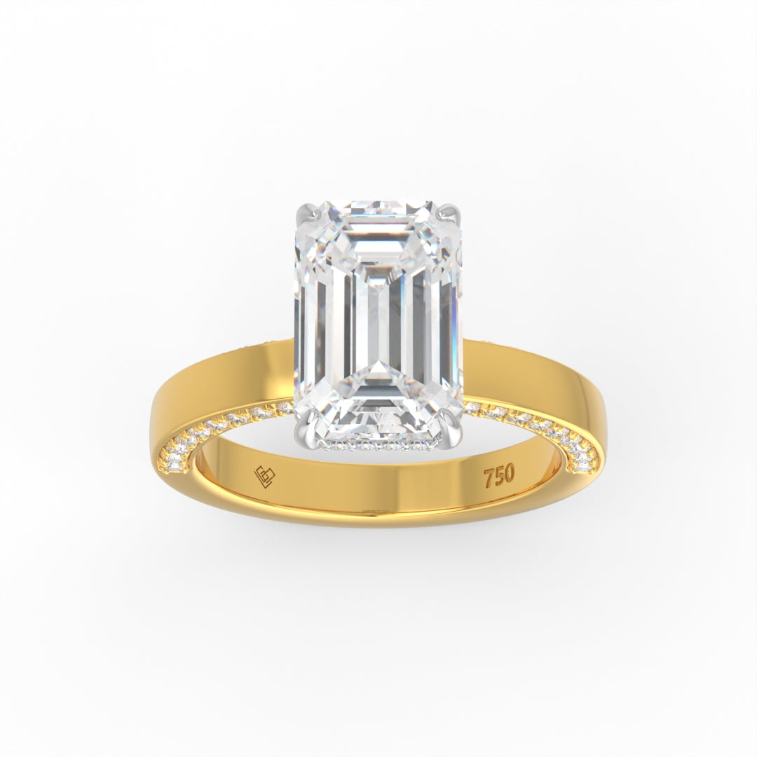 Celeste Emerald cut Lab Diamond with Cigar band and half set Diamond sides & hidden halo