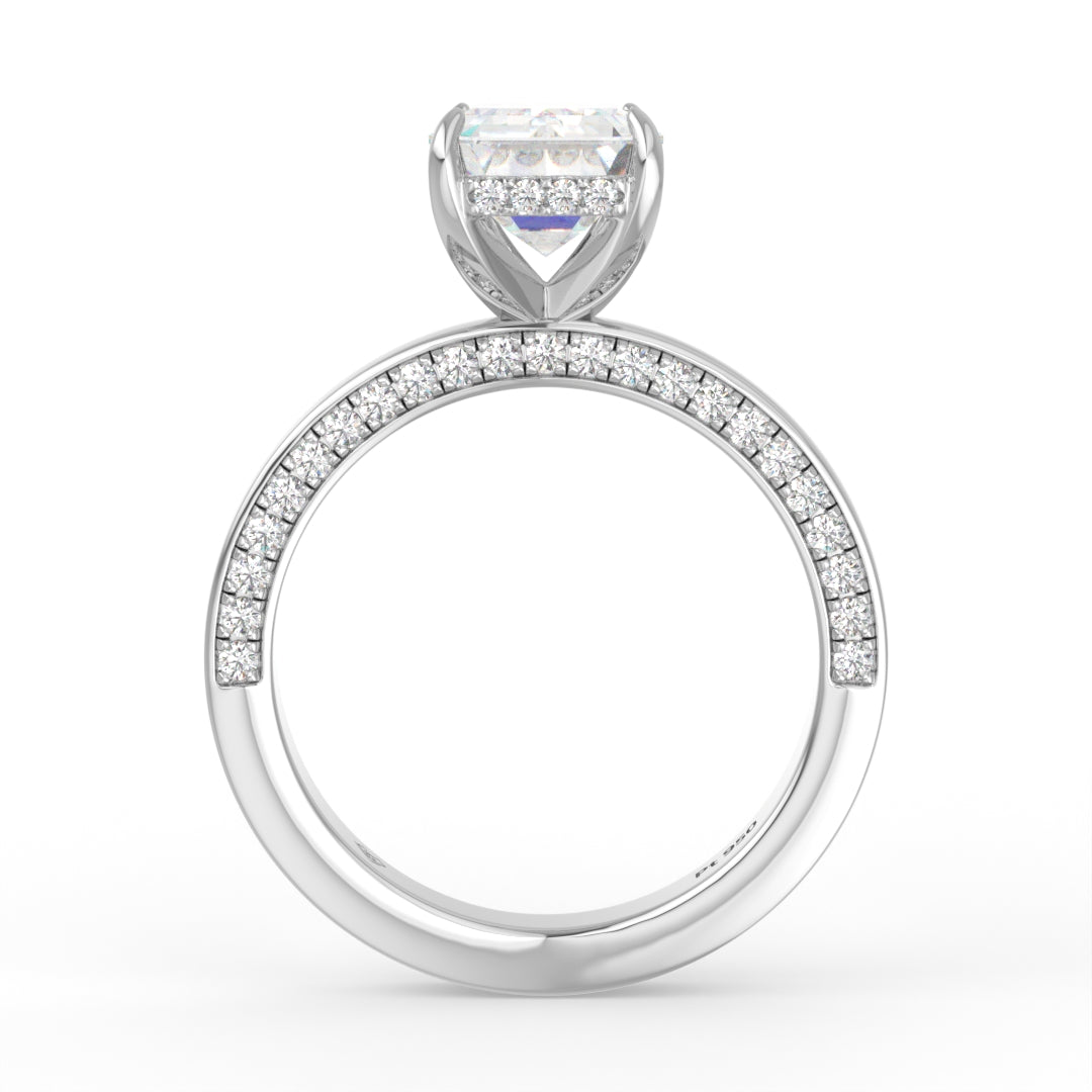 Celeste Emerald cut Lab Diamond with Cigar band and half set Diamond sides & hidden halo