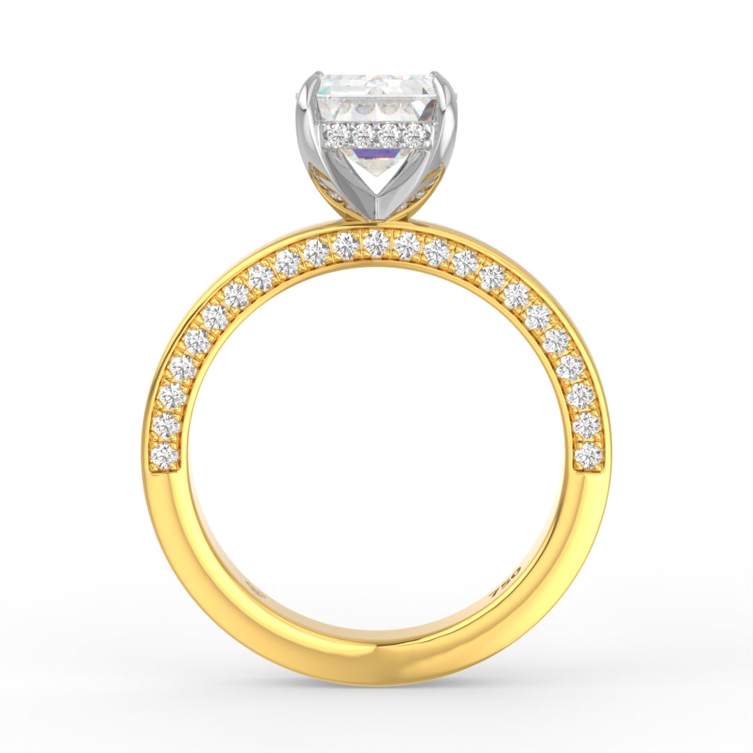 Celeste Emerald cut Lab Diamond with Cigar band and half set Diamond sides & hidden halo