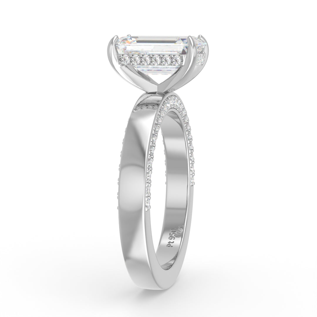 Celeste Emerald cut Lab Diamond with Cigar band and half set Diamond sides & hidden halo