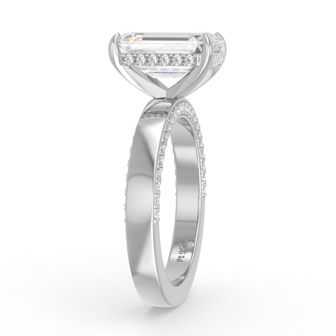Celeste Emerald cut Lab Diamond with Cigar band and half set Diamond sides & hidden halo