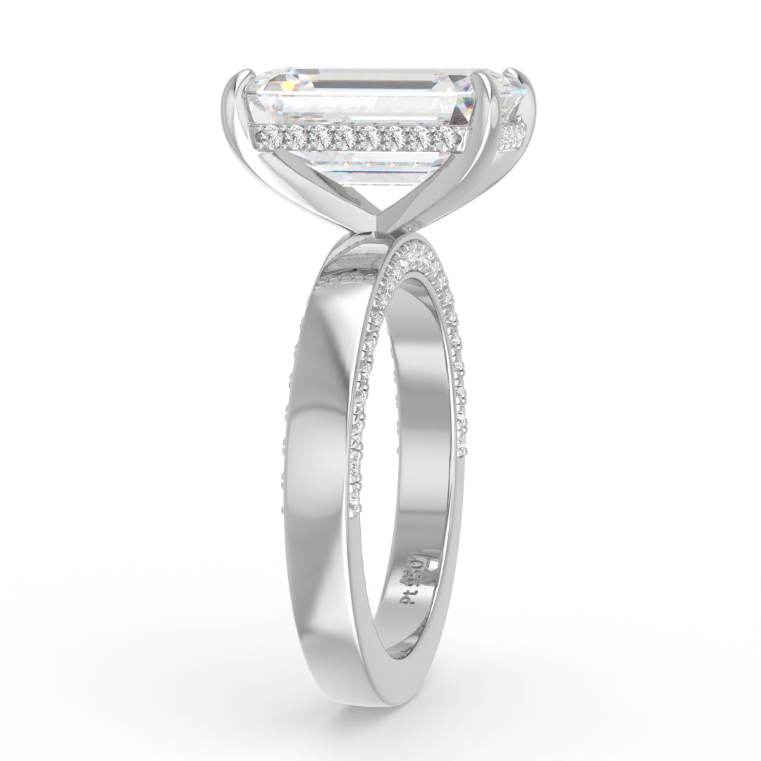 Celeste Emerald cut Lab Diamond with Cigar band and half set Diamond sides & hidden halo