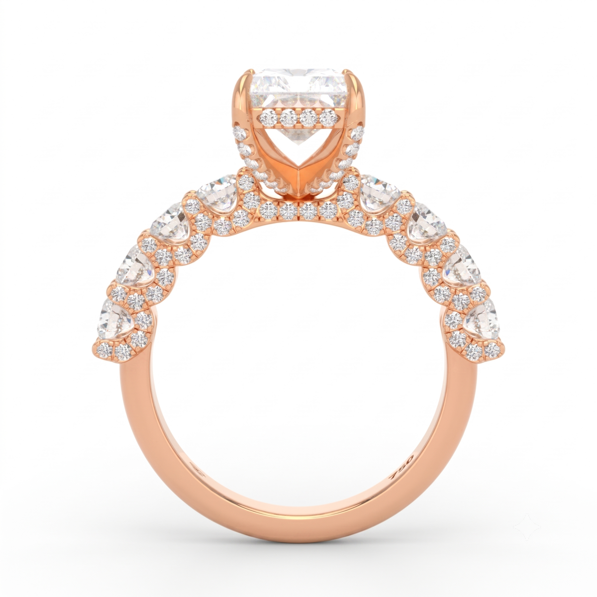 Juliette Radiant Lab-Grown Diamond Engagement Ring featuring a Half-Set Diamond Band, Hidden Halo, and Pavé U-Shaped Prong Setting
