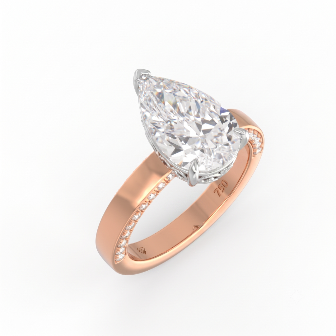 Celeste Pear cut Lab Diamond with Cigar band and half set Diamond sides & hidden halo