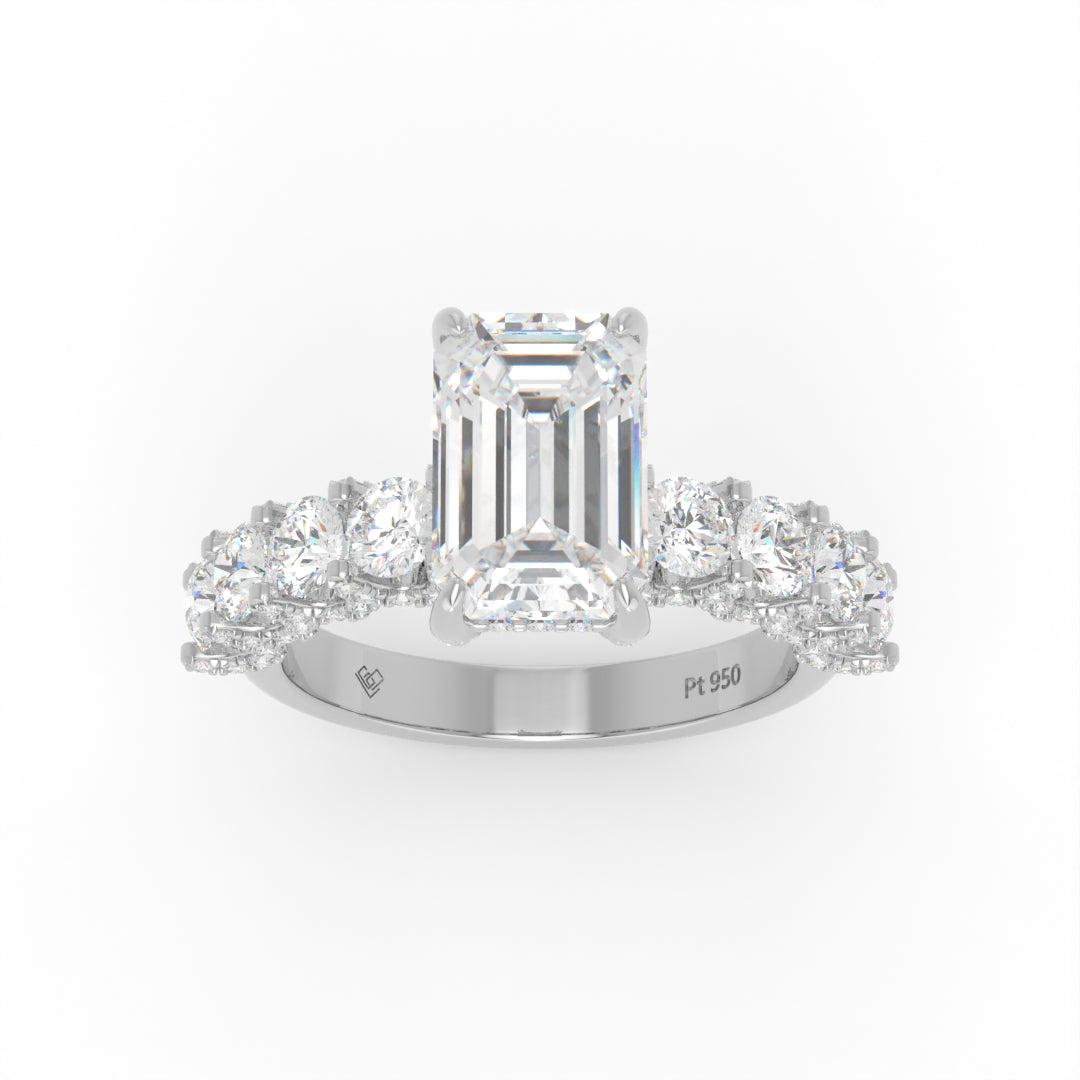 Juliette Emerald Lab-Grown Diamond Engagement Ring featuring a Half-Set Diamond Band, Hidden Halo, and Pavé U-Shaped Prong Setting
