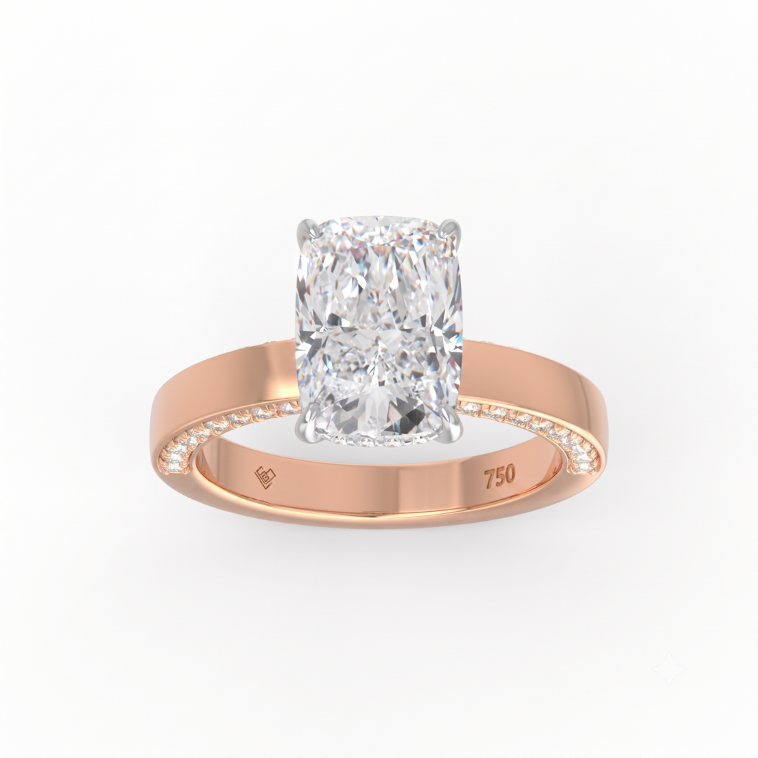 Celeste Cushion cut Lab Diamond with Cigar band and half set Diamond sides & hidden halo