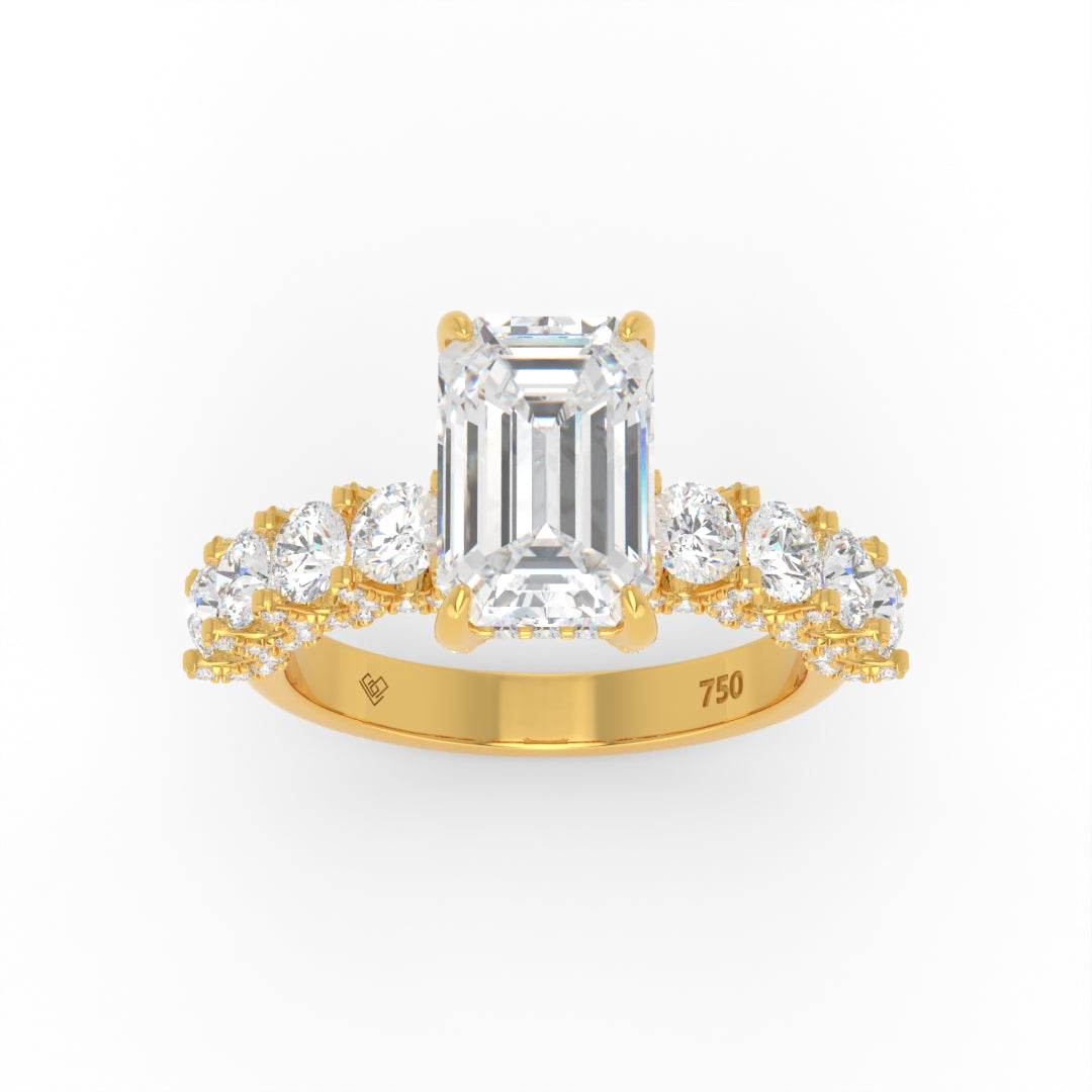 Juliette Emerald Lab-Grown Diamond Engagement Ring featuring a Half-Set Diamond Band, Hidden Halo, and Pavé U-Shaped Prong Setting
