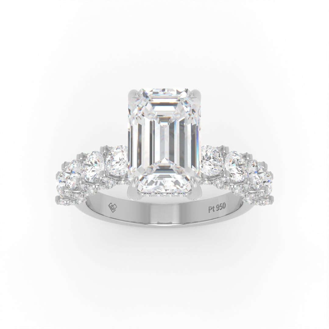 Juliette Emerald Lab-Grown Diamond Engagement Ring featuring a Half-Set Diamond Band, Hidden Halo, and Pavé U-Shaped Prong Setting