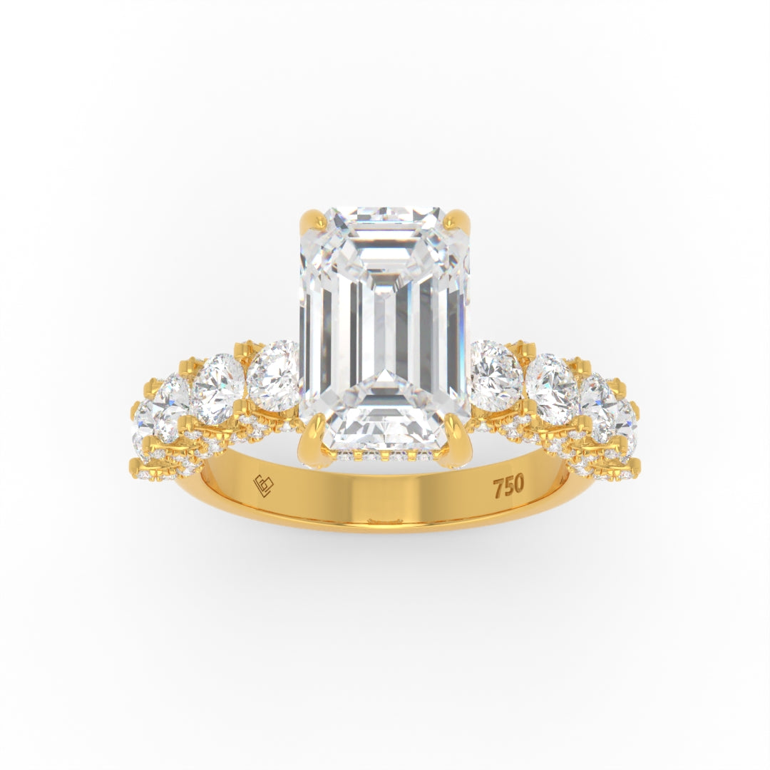 Juliette Emerald Lab-Grown Diamond Engagement Ring featuring a Half-Set Diamond Band, Hidden Halo, and Pavé U-Shaped Prong Setting