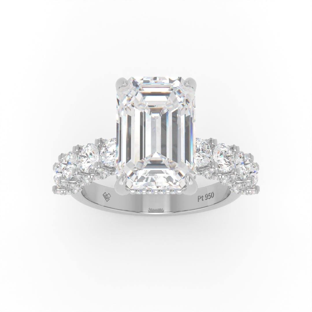 Juliette Emerald Lab-Grown Diamond Engagement Ring featuring a Half-Set Diamond Band, Hidden Halo, and Pavé U-Shaped Prong Setting