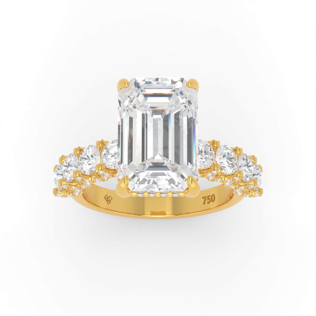 Juliette Emerald Lab-Grown Diamond Engagement Ring featuring a Half-Set Diamond Band, Hidden Halo, and Pavé U-Shaped Prong Setting