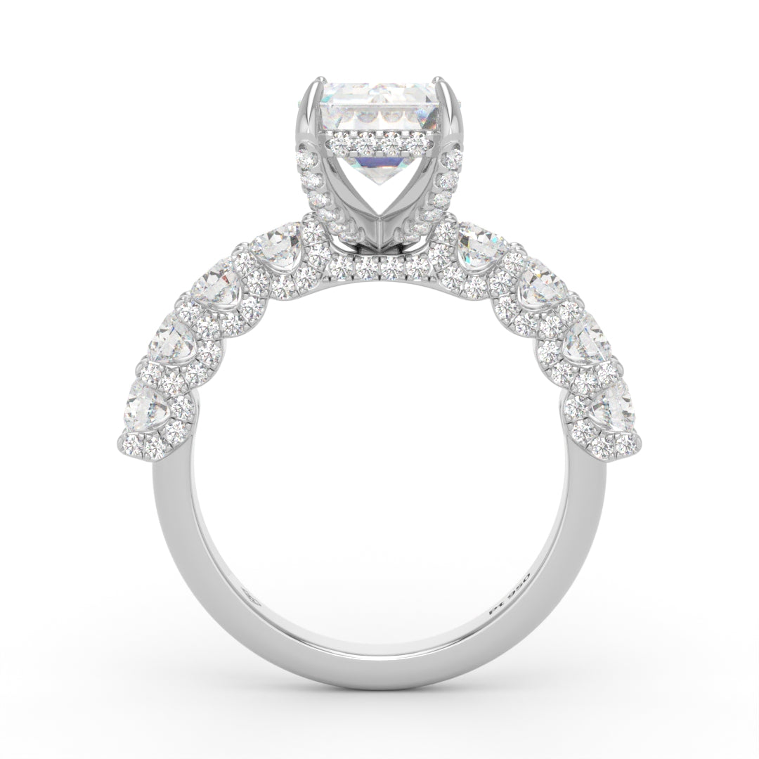 Juliette Emerald Lab-Grown Diamond Engagement Ring featuring a Half-Set Diamond Band, Hidden Halo, and Pavé U-Shaped Prong Setting