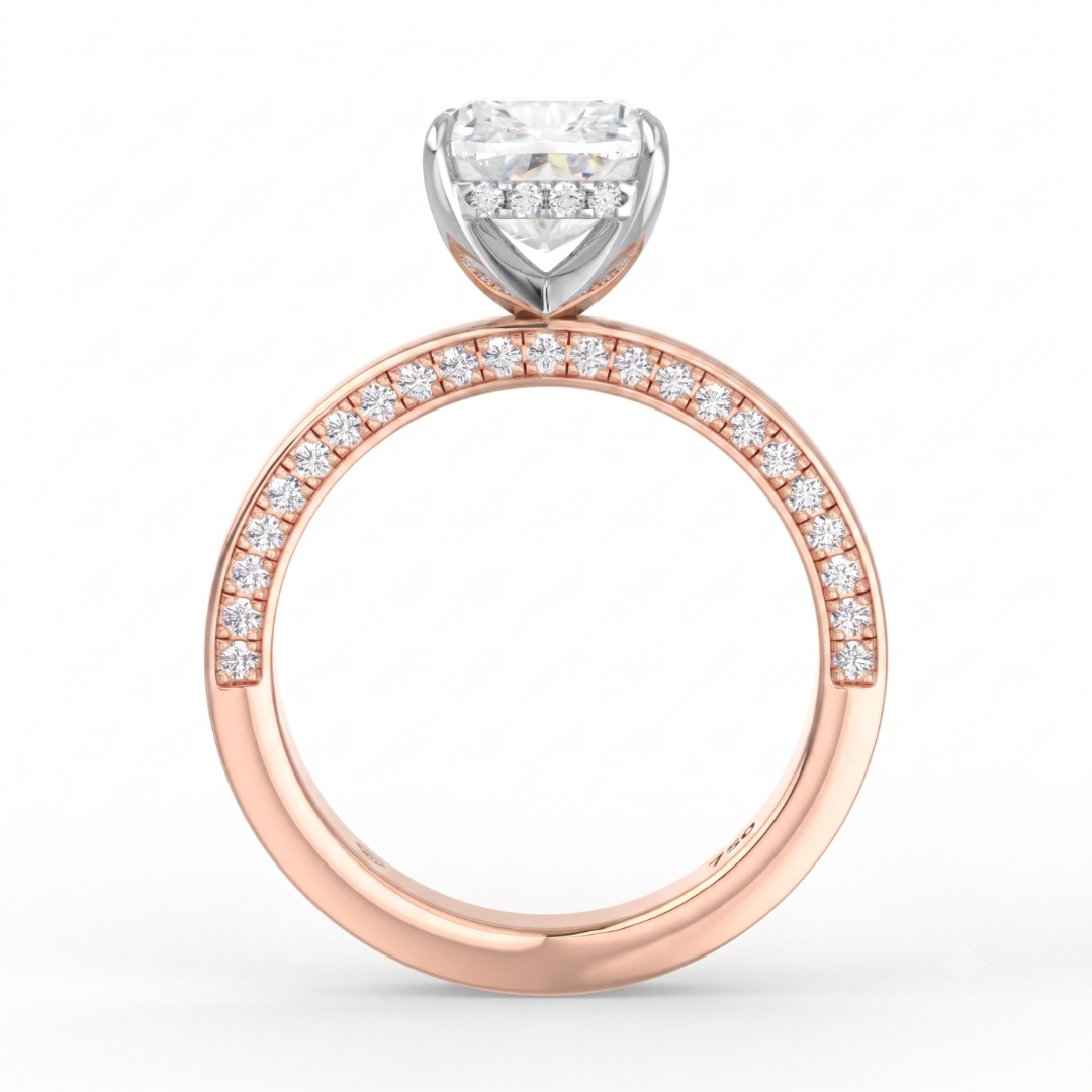 Celeste Cushion cut Lab Diamond with Cigar band and half set Diamond sides & hidden halo