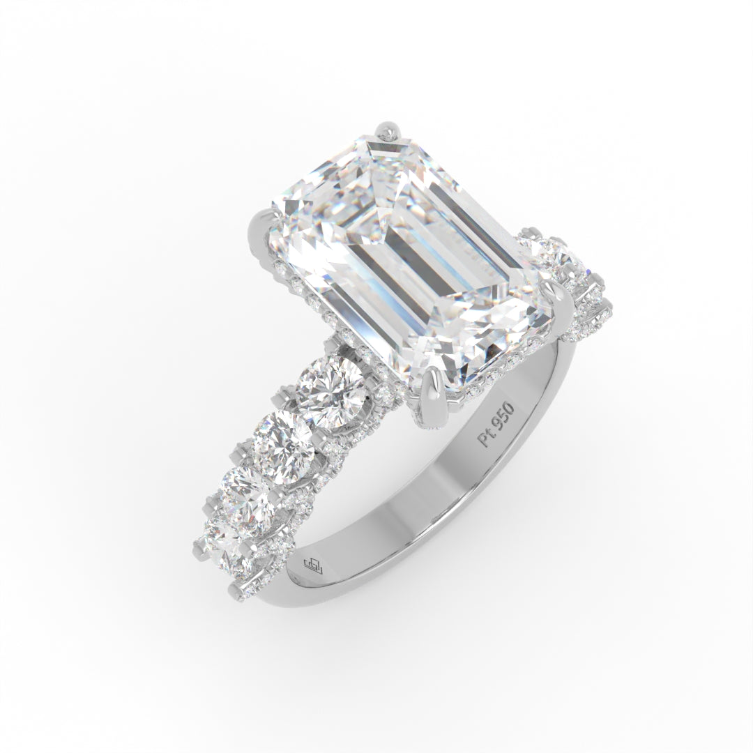Juliette Emerald Lab-Grown Diamond Engagement Ring featuring a Half-Set Diamond Band, Hidden Halo, and Pavé U-Shaped Prong Setting