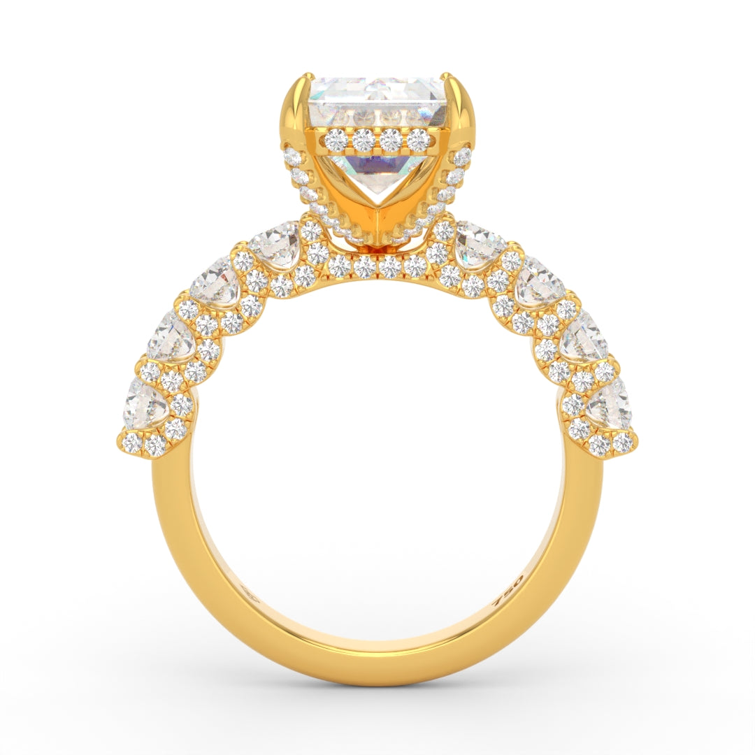 Juliette Emerald Lab-Grown Diamond Engagement Ring featuring a Half-Set Diamond Band, Hidden Halo, and Pavé U-Shaped Prong Setting