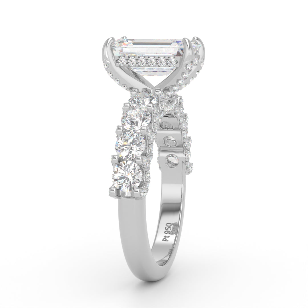 Juliette Emerald Lab-Grown Diamond Engagement Ring featuring a Half-Set Diamond Band, Hidden Halo, and Pavé U-Shaped Prong Setting
