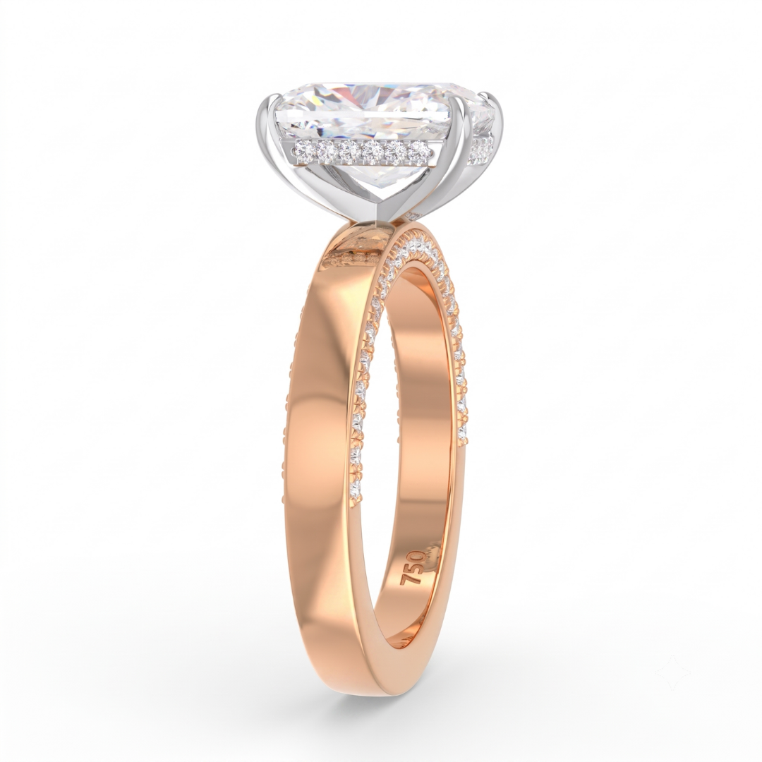 Celeste Cushion cut Lab Diamond with Cigar band and half set Diamond sides & hidden halo