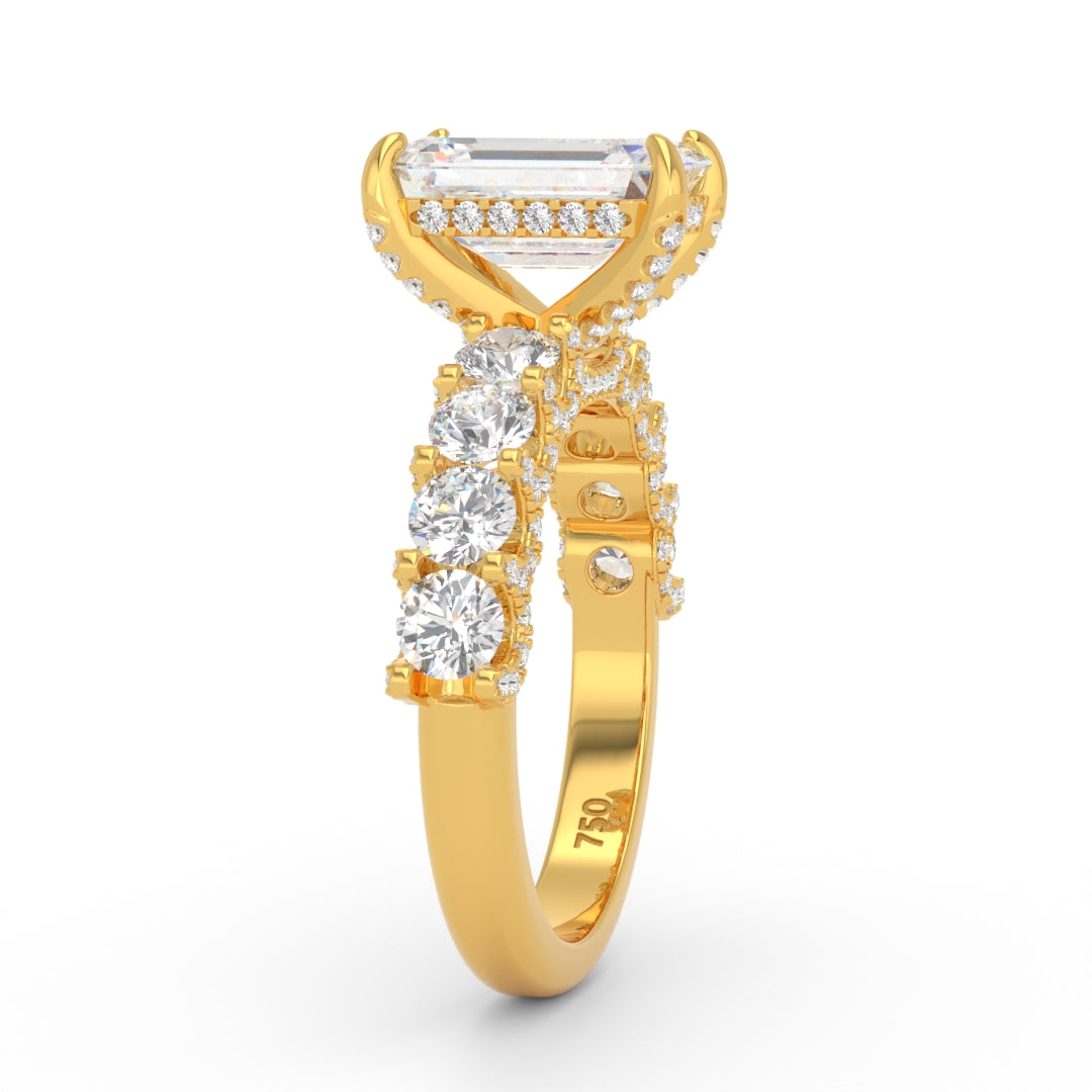 Juliette Emerald Lab-Grown Diamond Engagement Ring featuring a Half-Set Diamond Band, Hidden Halo, and Pavé U-Shaped Prong Setting