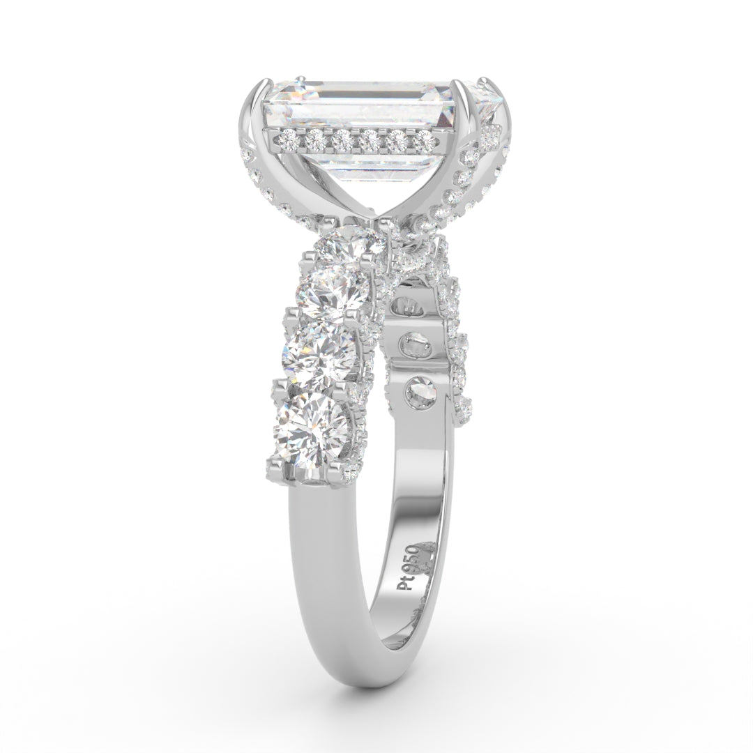 Juliette Emerald Lab-Grown Diamond Engagement Ring featuring a Half-Set Diamond Band, Hidden Halo, and Pavé U-Shaped Prong Setting