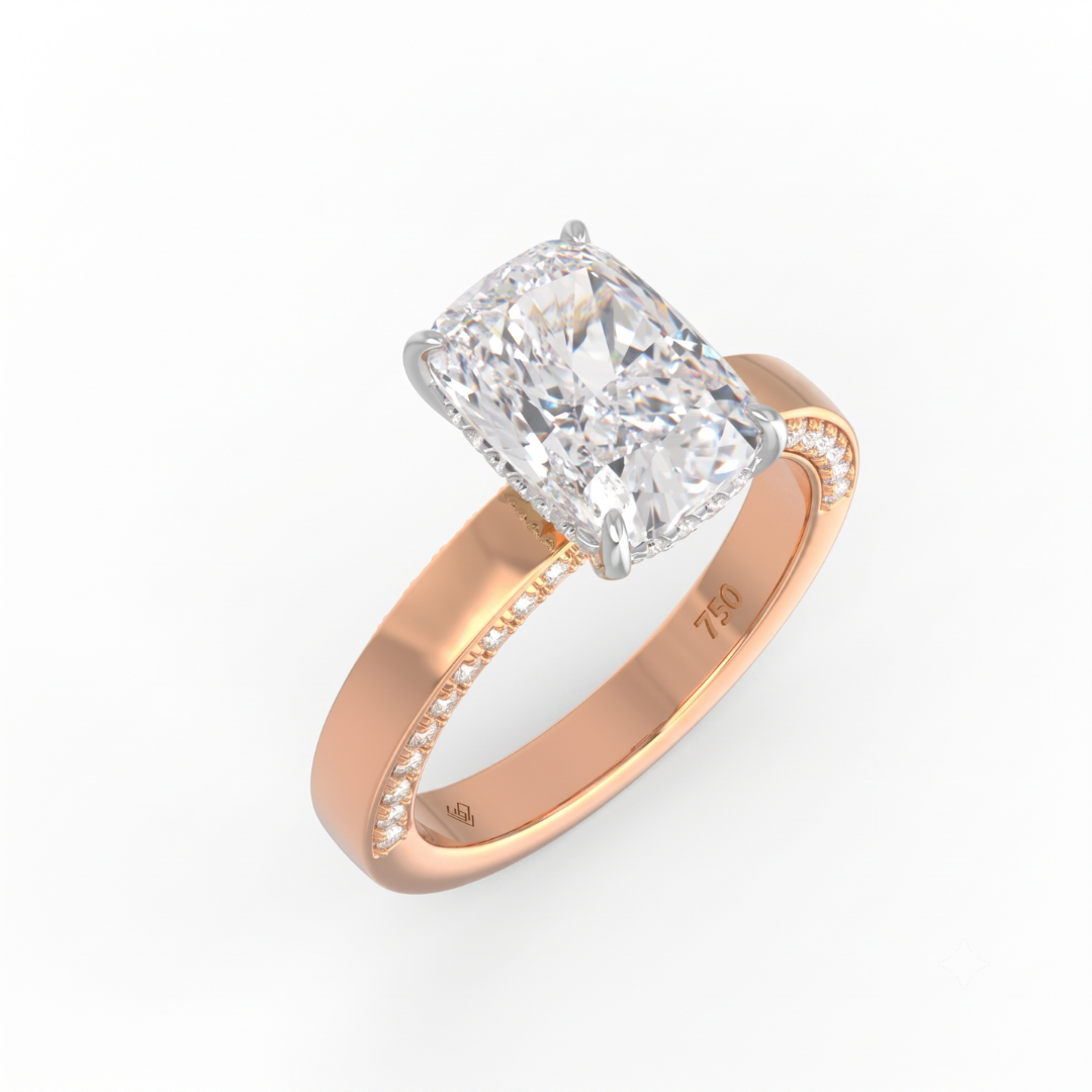 Celeste Cushion cut Lab Diamond with Cigar band and half set Diamond sides & hidden halo
