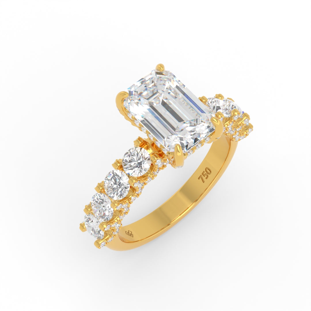 Juliette Emerald Lab-Grown Diamond Engagement Ring featuring a Half-Set Diamond Band, Hidden Halo, and Pavé U-Shaped Prong Setting