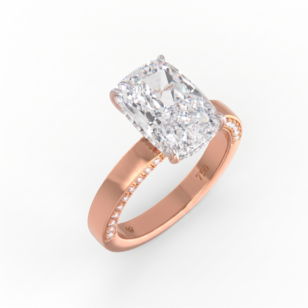 Celeste Cushion cut Lab Diamond with Cigar band and half set Diamond sides & hidden halo