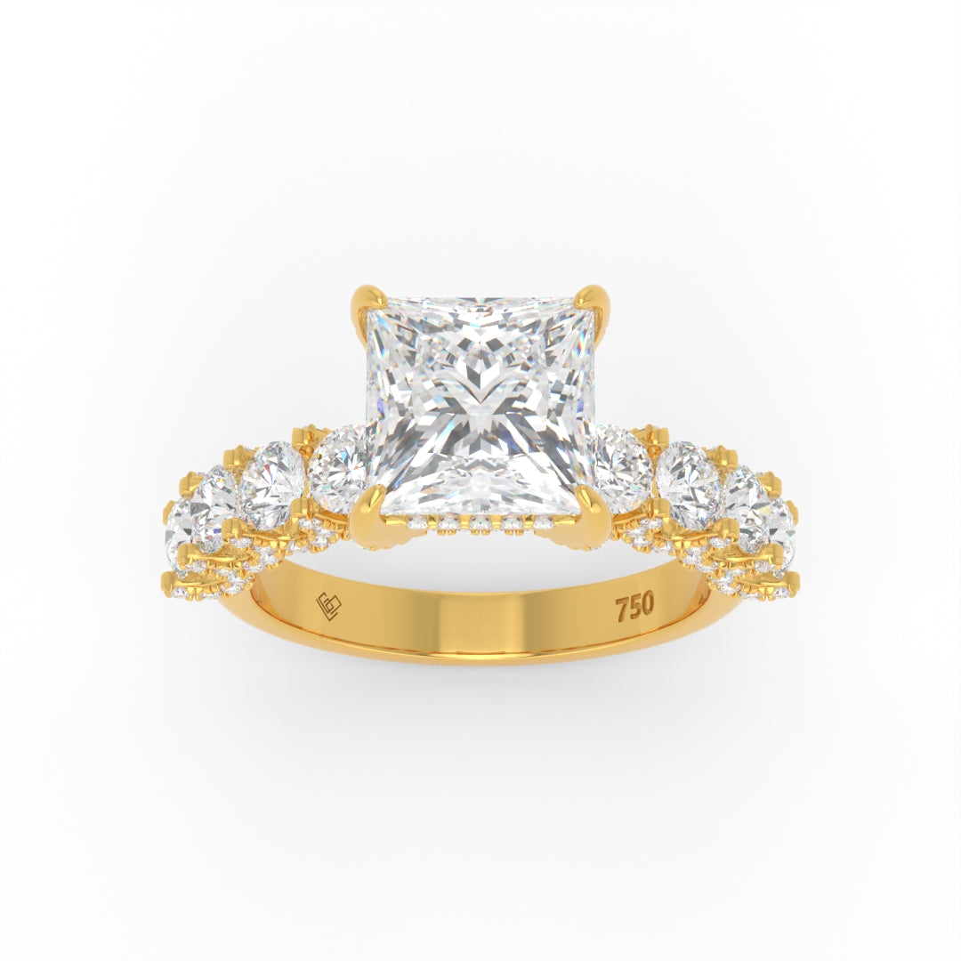 Juliette Princess Lab-Grown Diamond Engagement Ring featuring a Half-Set Diamond Band, Hidden Halo, and Pavé U-Shaped Prong Setting