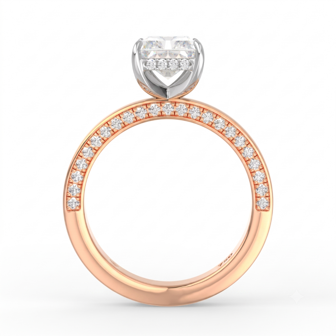 Celeste Radiant cut Lab Diamond with Cigar band and half set Diamond sides & hidden halo