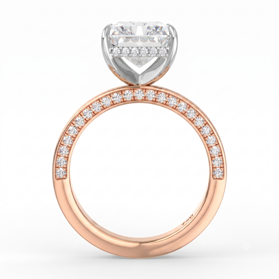 Celeste Radiant cut Lab Diamond with Cigar band and half set Diamond sides & hidden halo