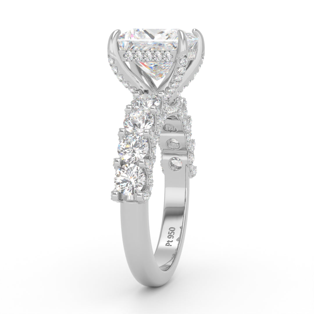 Juliette Princess Lab-Grown Diamond Engagement Ring featuring a Half-Set Diamond Band, Hidden Halo, and Pavé U-Shaped Prong Setting