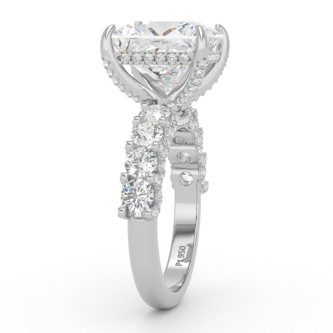 Juliette Princess Lab-Grown Diamond Engagement Ring featuring a Half-Set Diamond Band, Hidden Halo, and Pavé U-Shaped Prong Setting
