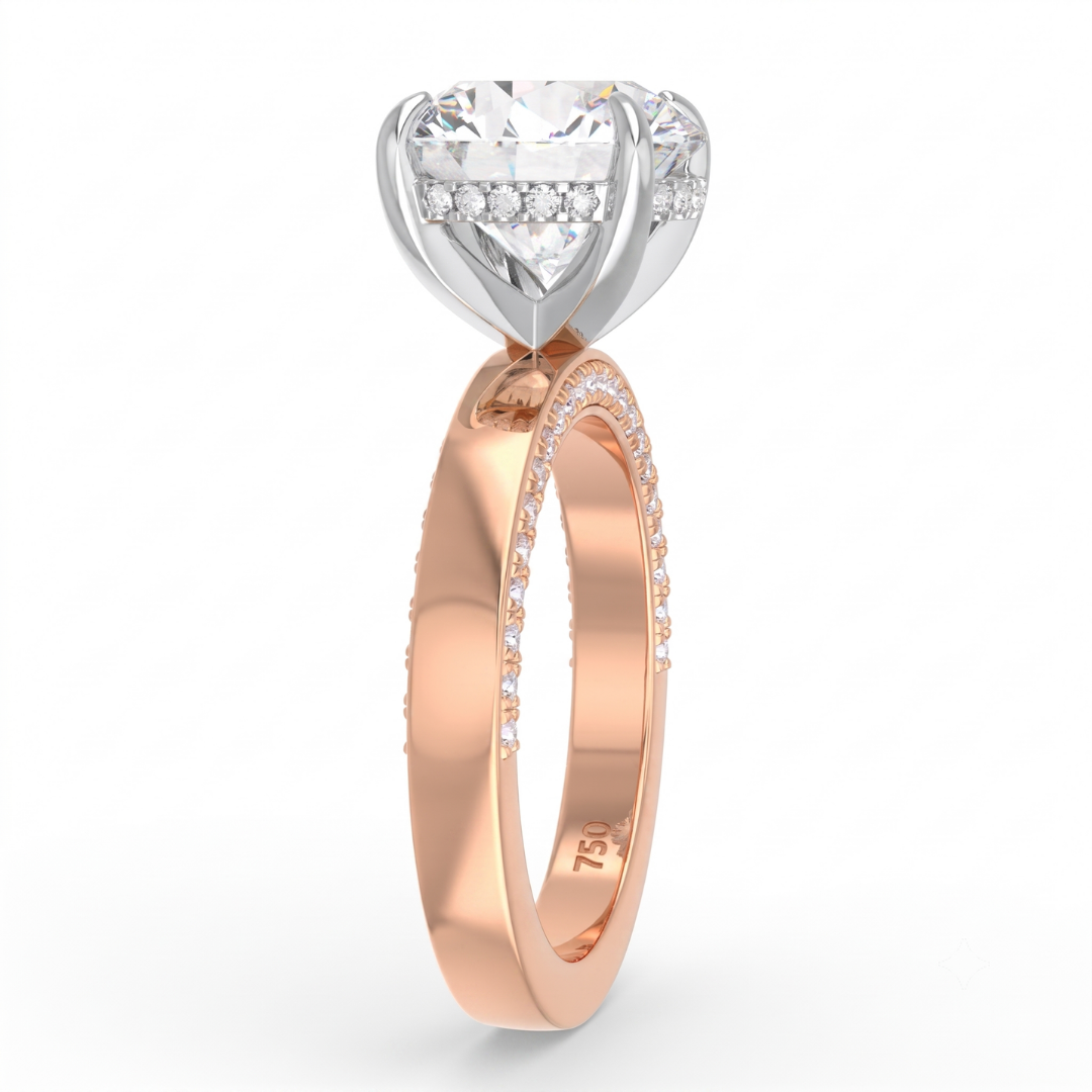 Celeste Round cut Lab Diamond with Cigar Band and Half set Diamond Sides & Hidden Halo
