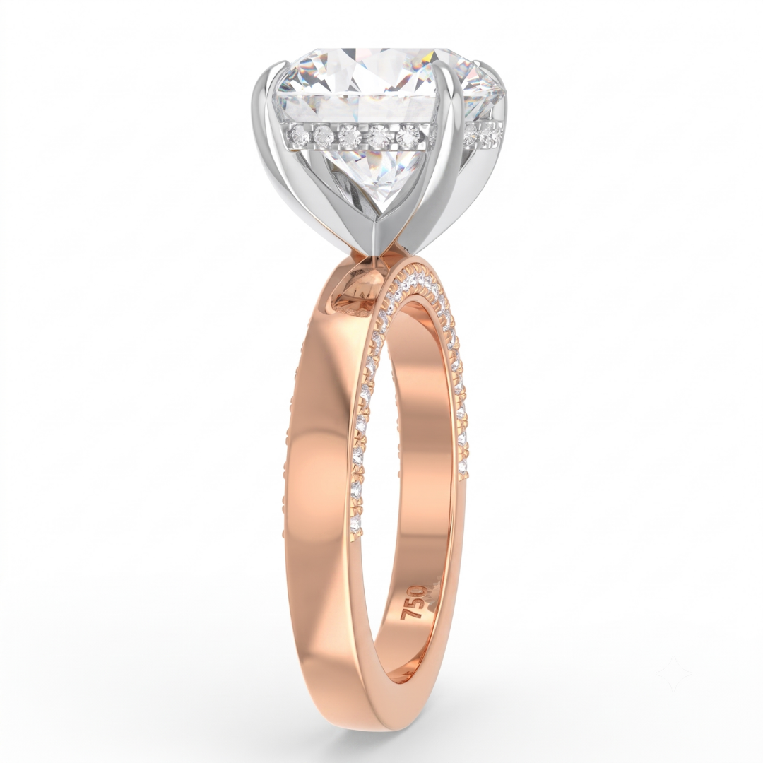 Celeste Round cut Lab Diamond with Cigar Band and Half set Diamond Sides & Hidden Halo