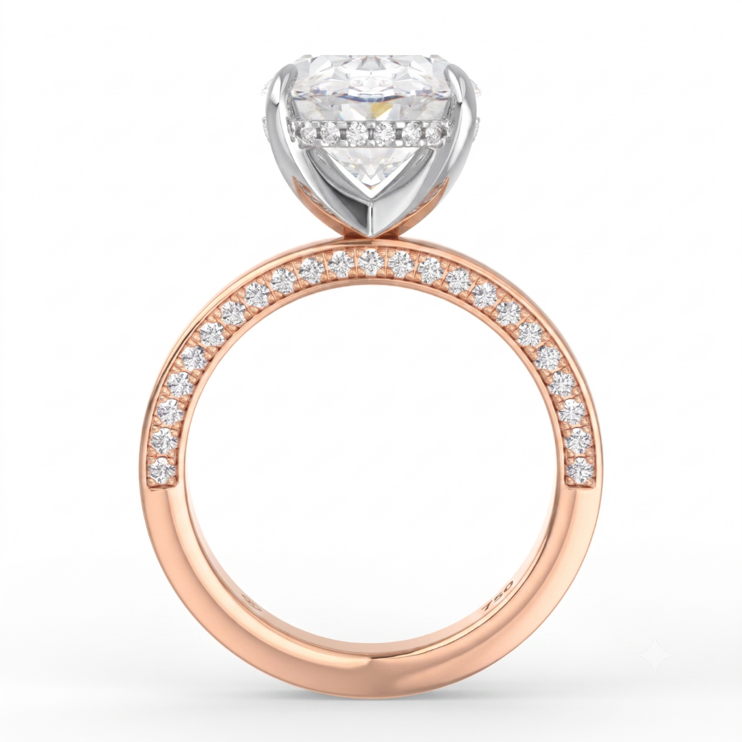 Celeste Oval cut Lab Diamond with Cigar band and half set Diamond Sides & Hidden Halo
